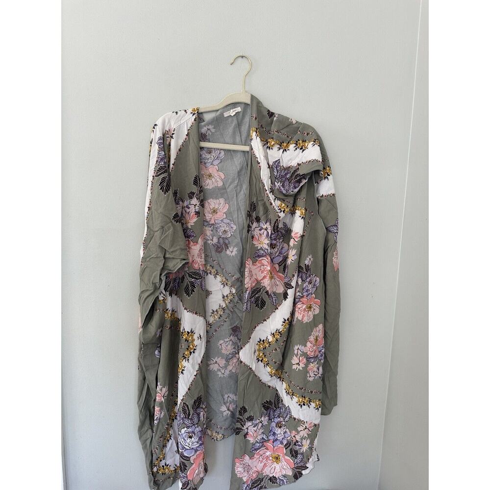 One World Gray Maxi Cardigan Floral Size 2/3 Maurices Light Weight Short Sleeve